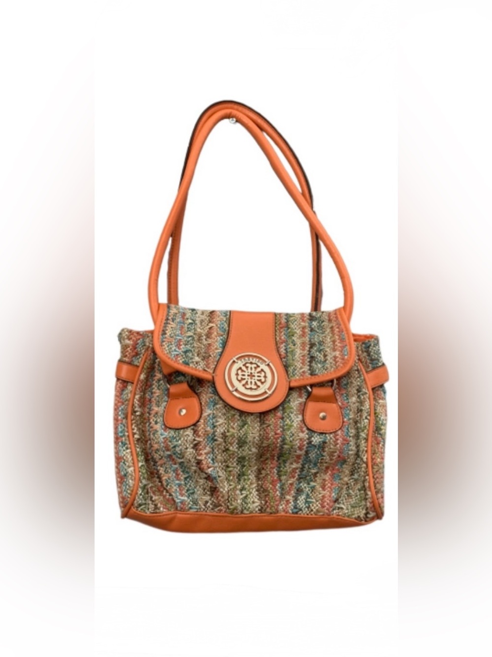 Treviso handbag woven orange tan faux gold accents boho bohemian straw rattan